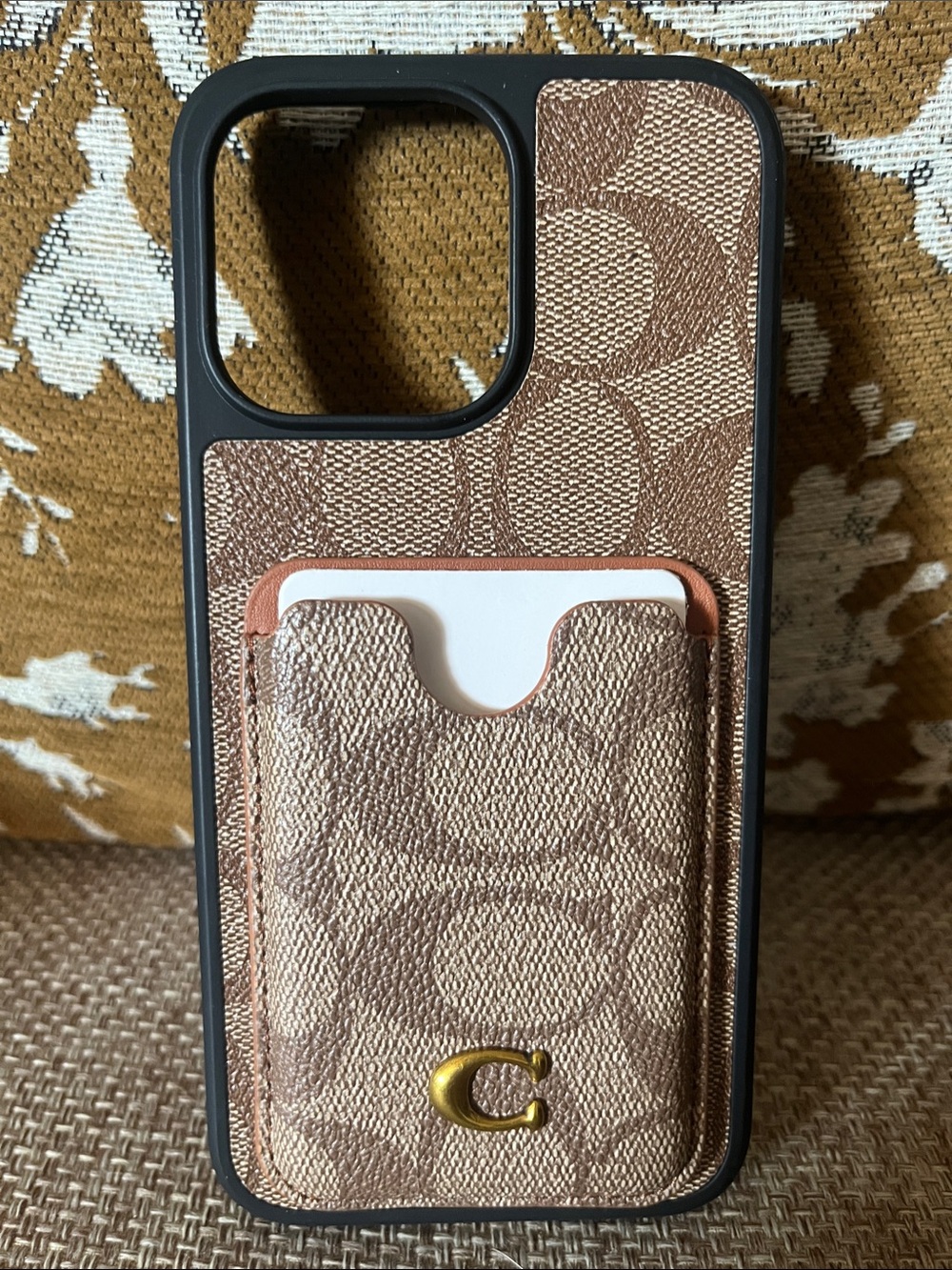 Coach Beige Brown Signature Card Pocket iPhone 15 Pro Max Case
